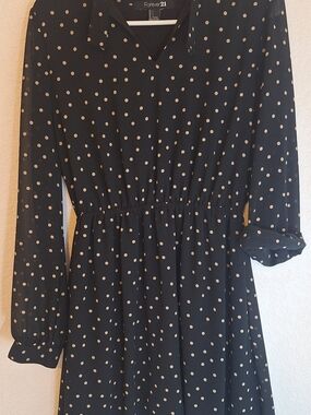 Forever 21 Black Polka Dot Long Sleeve Mini Dress Sz M